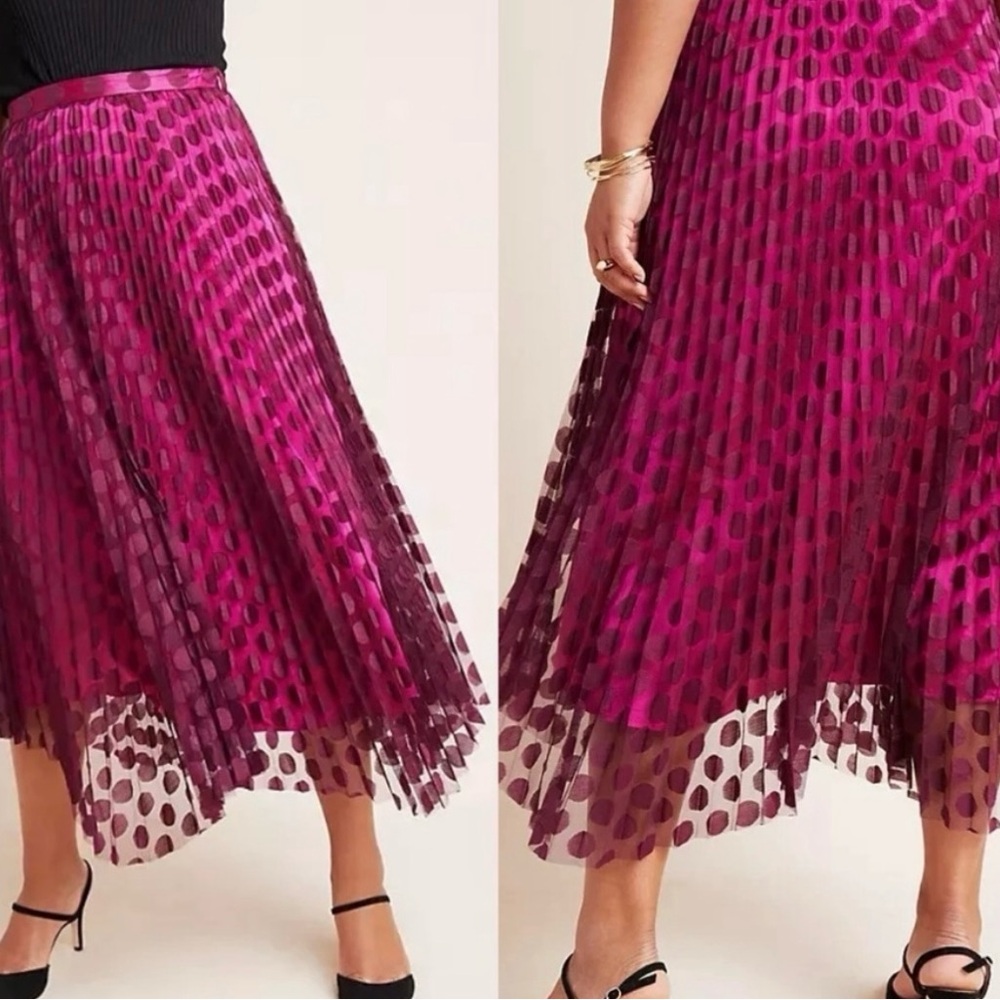 Anthropologie magenta pleated polka dot midi skirt size 0